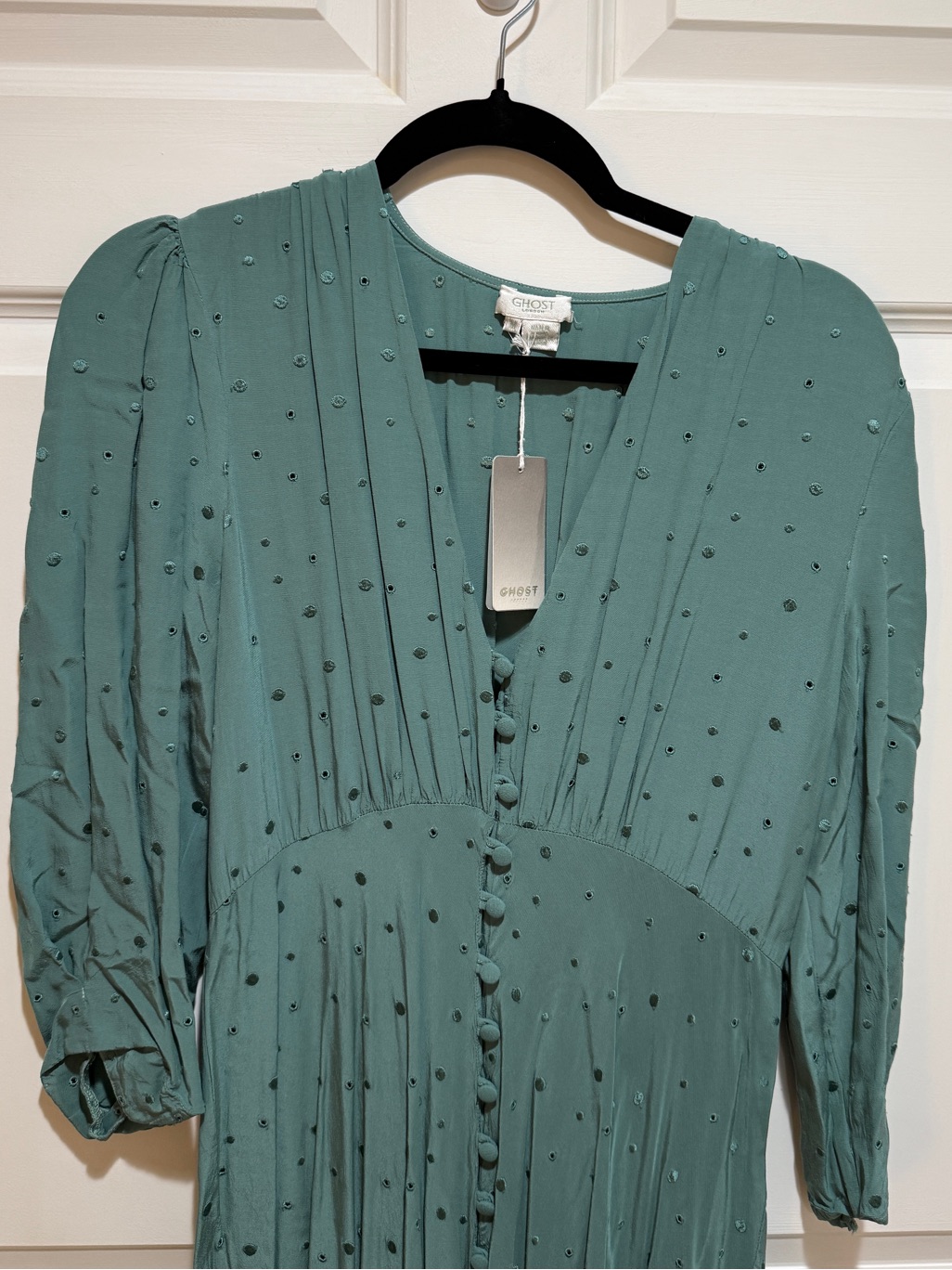 Button-Front Teal Midi Dress With Subtle Dot Texture — image 2 of 6